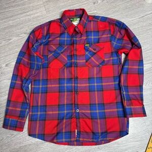 Dixxon Flannel Co Shirt Mens Sz L The Bundy Red Blue Plaid Long Sleeve Excellent